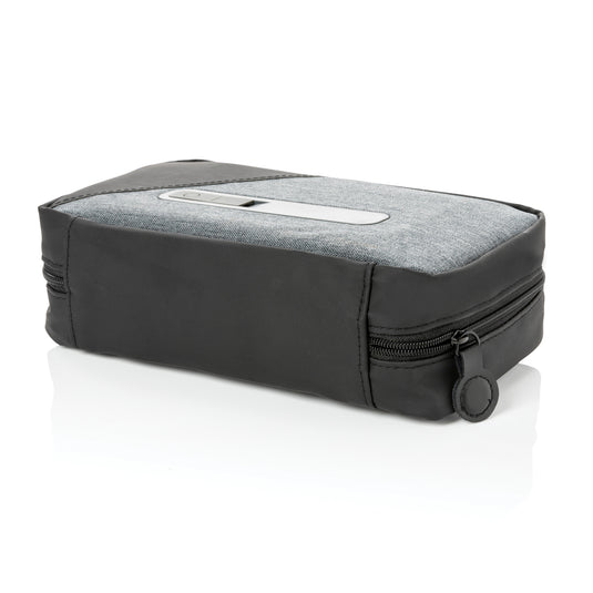 XD Collection portable UV-C steriliser pouch with integrated battery for phones and tablets, shown open with device inside.