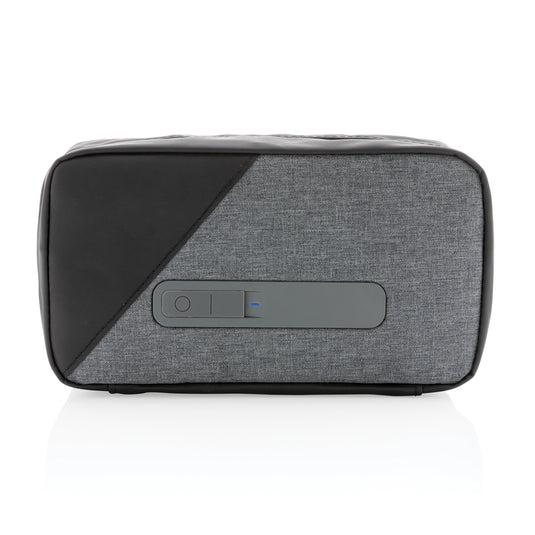 XD Collection portable UV-C steriliser pouch with integrated battery for phones and tablets, shown open with sterilisation chamber visible.