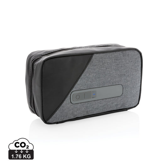 XD Collection portable UV-C steriliser pouch with integrated battery for phone and tablet sanitization, shown open with device inside.