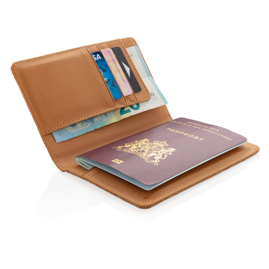 Cork RFID passport cover from XD Collection, stylish travel bag with secure RFID blocking features and sleek design.