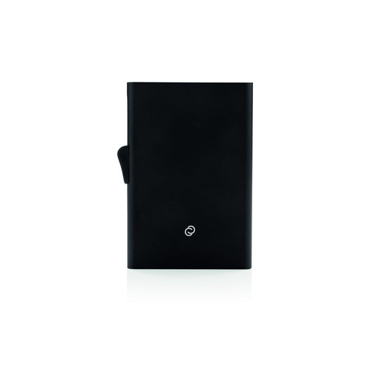 C-Secure aluminium RFID card holder with secure slot for cards, compact travel bag accessory for safe card storage.