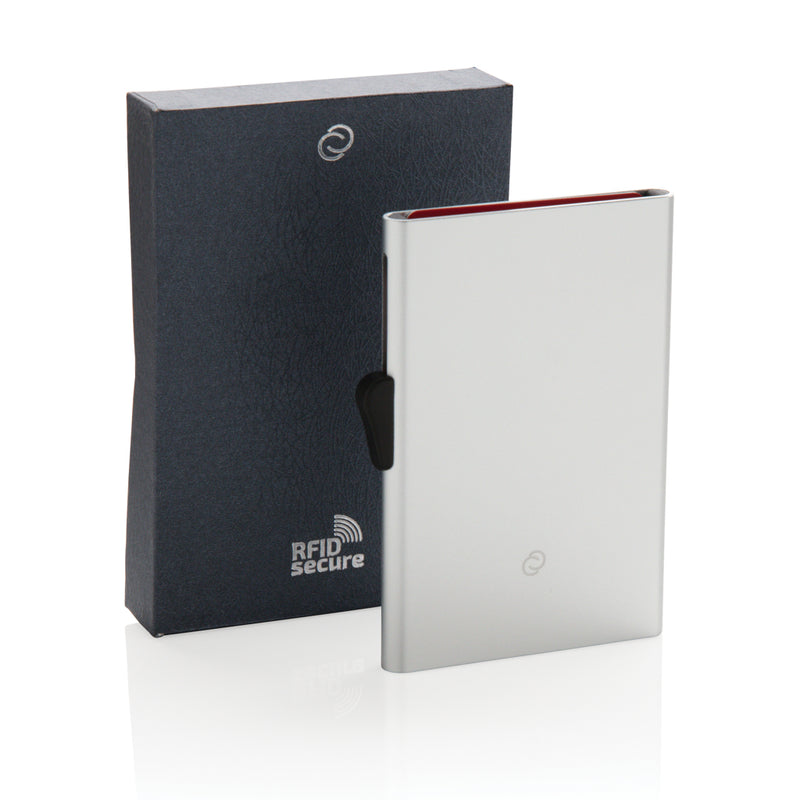 Load image into Gallery viewer, C-Secure aluminium RFID card holder with secure closure, designed for safe travel and compact storage of credit cards and IDs.
