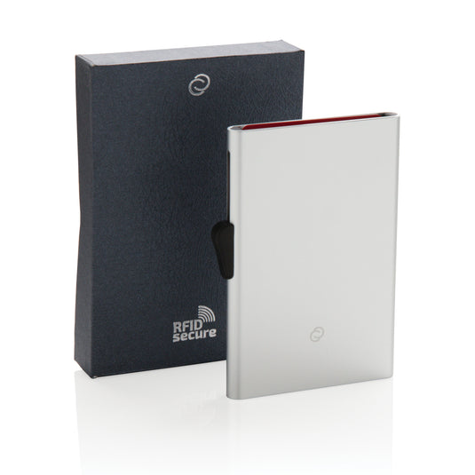 C-Secure aluminium RFID card holder with secure closure, designed for safe travel and compact storage of credit cards and IDs.