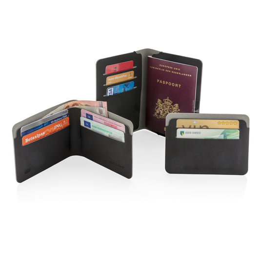 XD Xclusive Quebec RFID safe cardholder in black, compact travel bag with secure card slots and RFID protection.