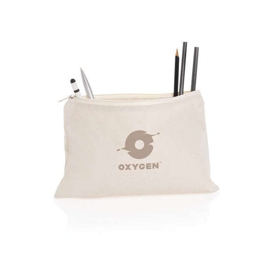 Impact Aware™ undyed 285 gsm rcanvas pencil case by XD Collection, showing a durable, natural-colored bag with a zipper closure.