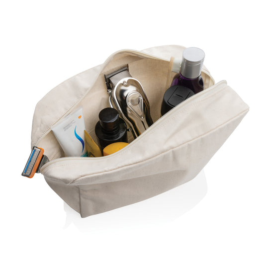 Undyed Impact Aware™ 285 gsm rcanvas toiletry bag from XD Collection, showing the natural fabric texture and compact travel design.