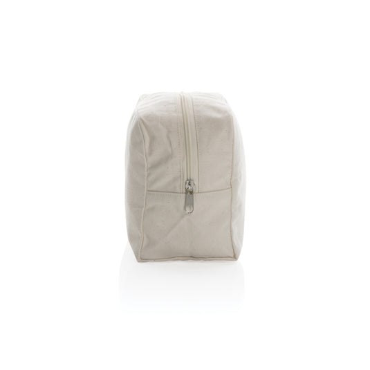Undyed Impact Aware™ 285 gsm rcanvas toiletry bag from XD Collection, showing a natural, eco-friendly travel bag with a zipper closure.