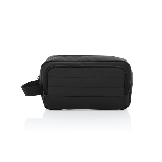 XD Xclusive Armond AWARE™ RPET toiletry bag in gray with zipper closure and compact design for travel storage.