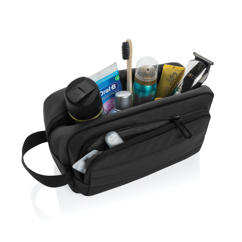Load image into Gallery viewer, XD Xclusive Armond AWARE™ RPET toiletry bag in black with zipper closure, designed for travel storage and organization.
