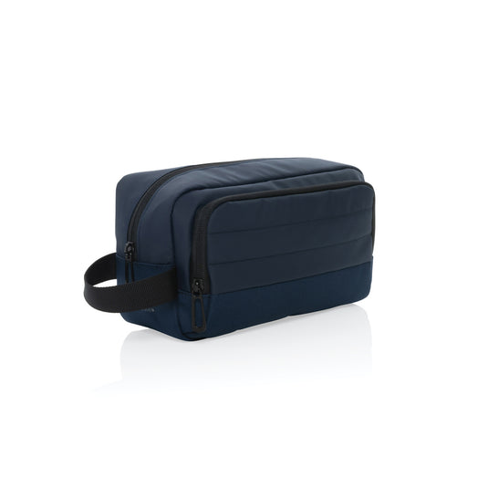 XD Xclusive Armond AWARE™ RPET toiletry bag with zipper and handle, made from eco-friendly recycled materials for travel use.