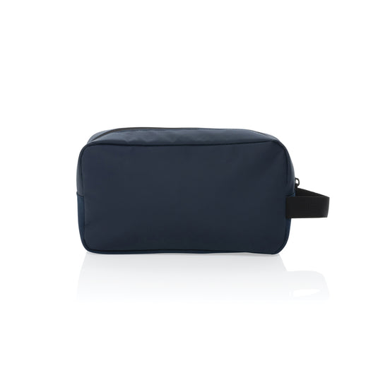 XD Xclusive Armond AWARE™ RPET toiletry bag with zip closure, compact travel bag made from recycled materials, black fabric design.
