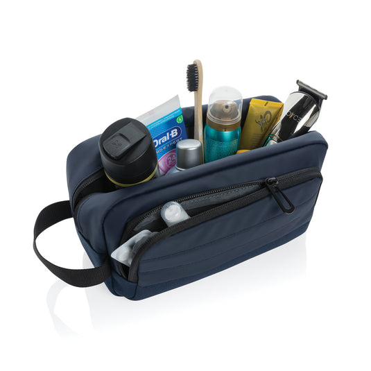 XD Xclusive Armond AWARE™ RPET toiletry bag in eco-friendly design with zipper closure, suitable for travel and organization.