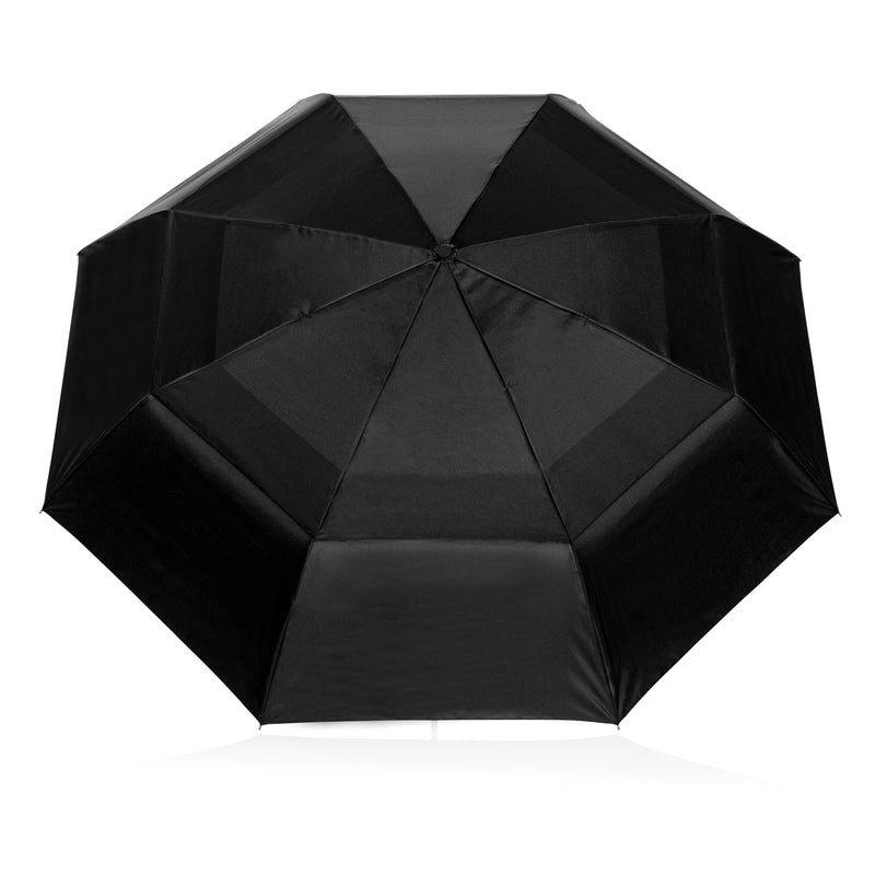 Load image into Gallery viewer, Swiss Peak Tornado 27-inch pocket storm umbrella open, showing black canopy and sturdy handle for wind-resistant protection.
