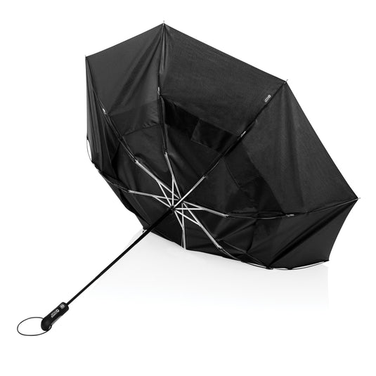 Swiss Peak Tornado 27-inch pocket storm umbrella open, showing durable canopy and compact design for wind resistance.