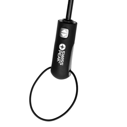 Swiss Peak Tornado 27-inch pocket storm umbrella open, showcasing its compact design and durable canopy for stormy weather.