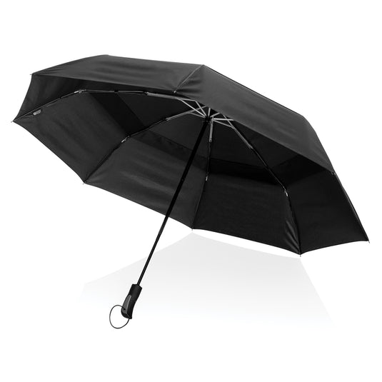 Swiss Peak Tornado 27-inch pocket storm umbrella open, showing sturdy canopy and compact design for wind resistance.