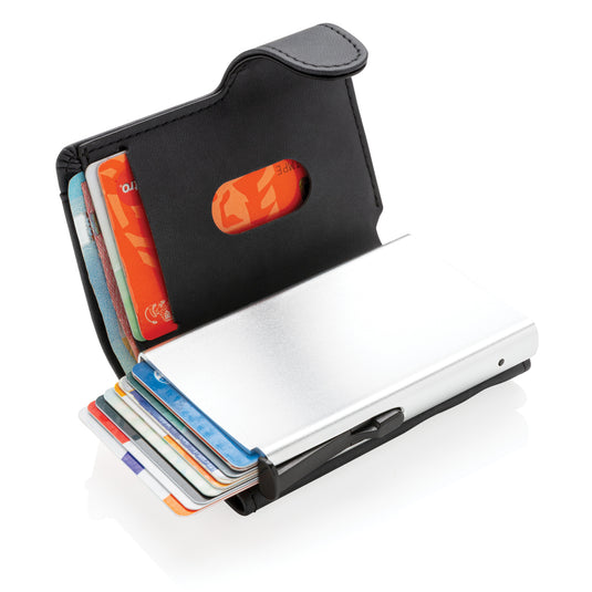 Aluminium RFID cardholder with PU wallet from XD Collection, compact travel bag with multiple compartments and sleek design.