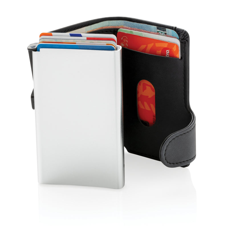 Load image into Gallery viewer, Standard aluminium RFID cardholder with PU wallet from XD Collection, featuring sleek design and multiple card slots.
