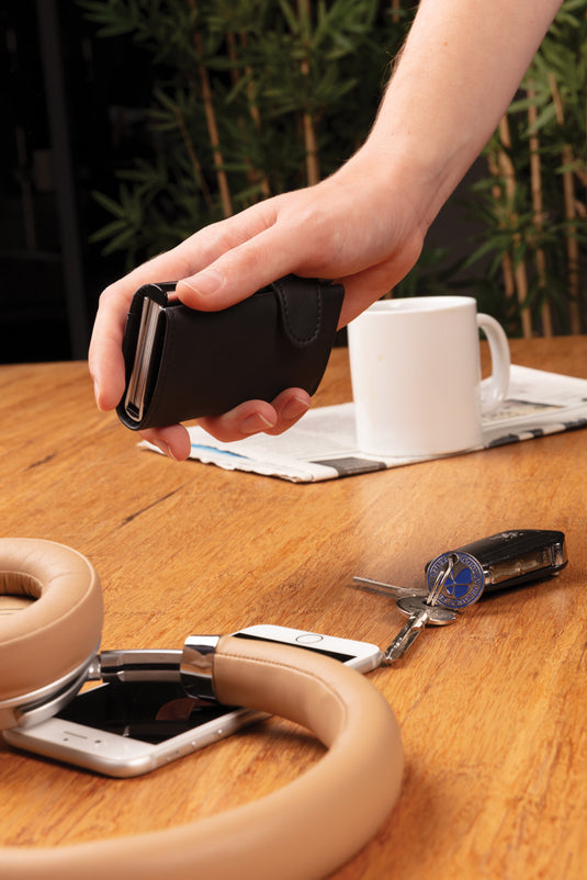 Aluminium RFID cardholder with PU wallet from XD Collection, compact travel accessory with slim design and secure card storage.