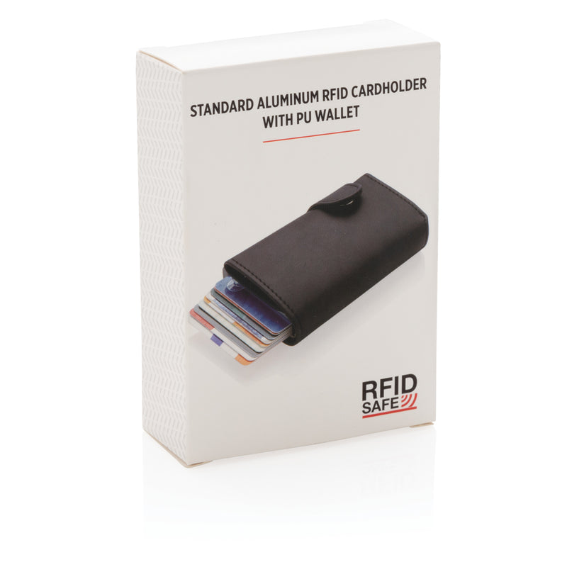 Load image into Gallery viewer, Standard aluminium RFID cardholder with PU wallet from XD Collection, showcasing sleek design and multiple card slots.
