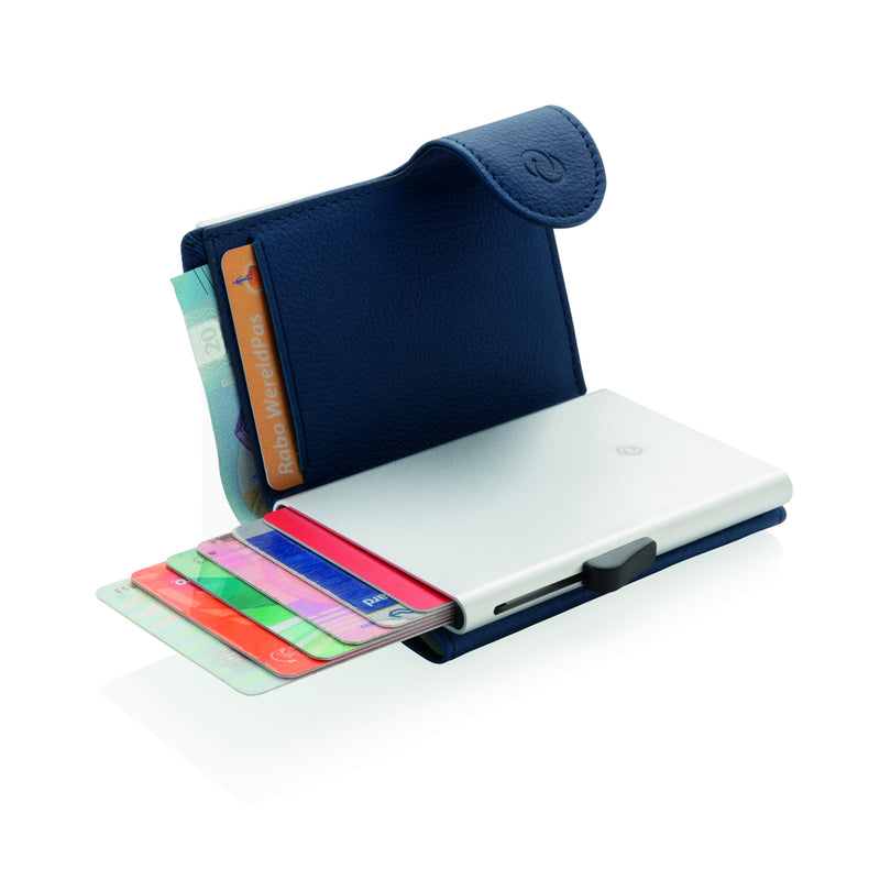 Load image into Gallery viewer, C-Secure RFID card holder and wallet, compact travel bag with secure compartments, black leather finish and RFID blocking technology.
