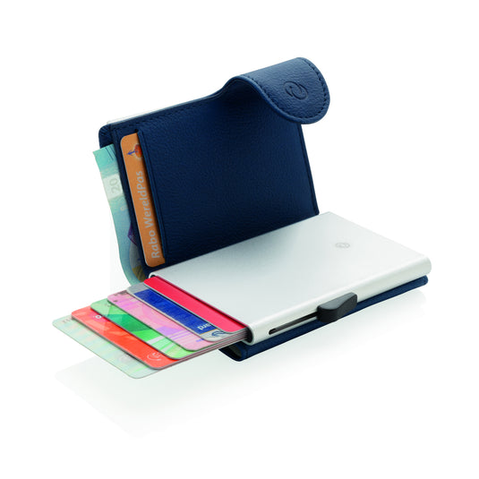 C-Secure RFID card holder and wallet, compact travel bag with secure compartments, black leather finish and RFID blocking technology.