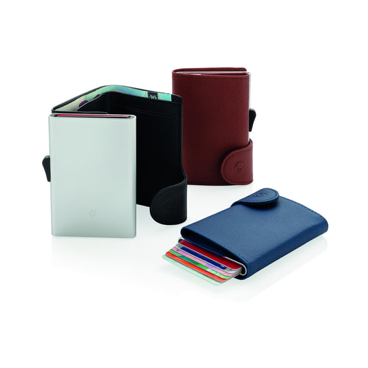C-Secure RFID card holder and wallet in black with multiple card slots and a sleek design for secure travel storage.
