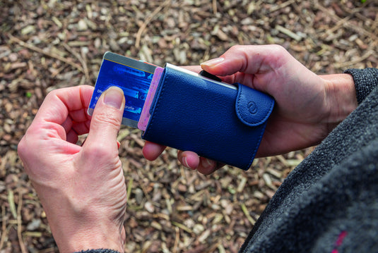 C-Secure RFID card holder and wallet with multiple card slots and compact design for secure travel storage.