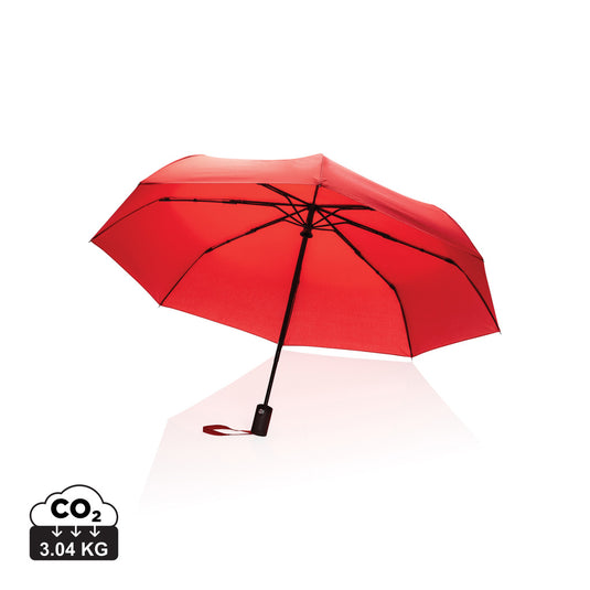 21-inch Impact AWARE™ RPET 190T auto open/close umbrella by XD Collection, featuring a compact design and colorful canopy.