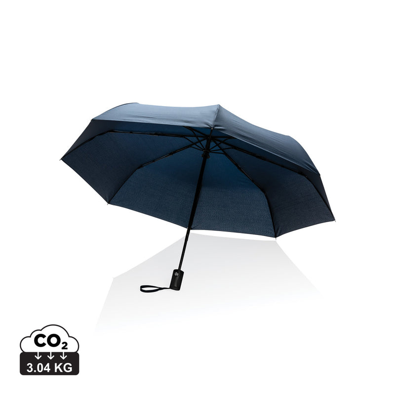 Load image into Gallery viewer, 21-inch Impact AWARE™ RPET auto open/close umbrella by XD Collection with navy canopy and ergonomic handle.
