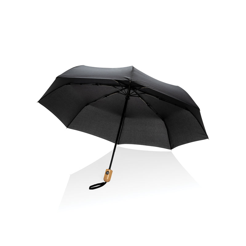 Load image into Gallery viewer, 21-inch Impact AWARE™ RPET bamboo auto open/close umbrella by XD Collection, featuring a green canopy and bamboo handle.
