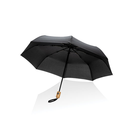 21-inch Impact AWARE™ RPET bamboo auto open/close umbrella by XD Collection, featuring a green canopy and bamboo handle.