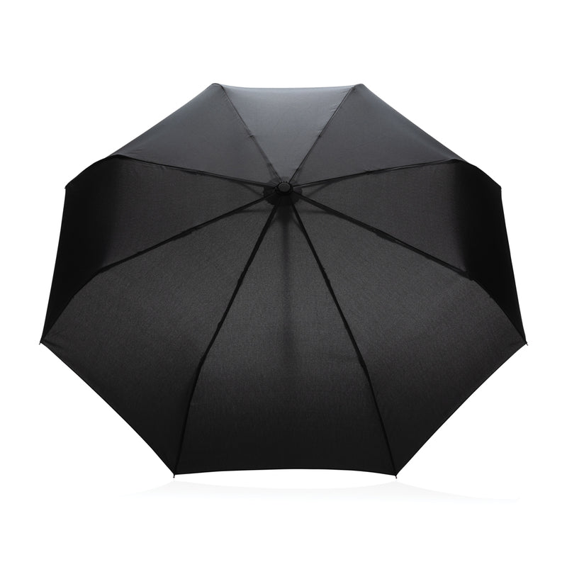 Load image into Gallery viewer, 21-inch Impact AWARE™ RPET bamboo auto open/close umbrella by XD Collection, featuring green canopy and bamboo handle.
