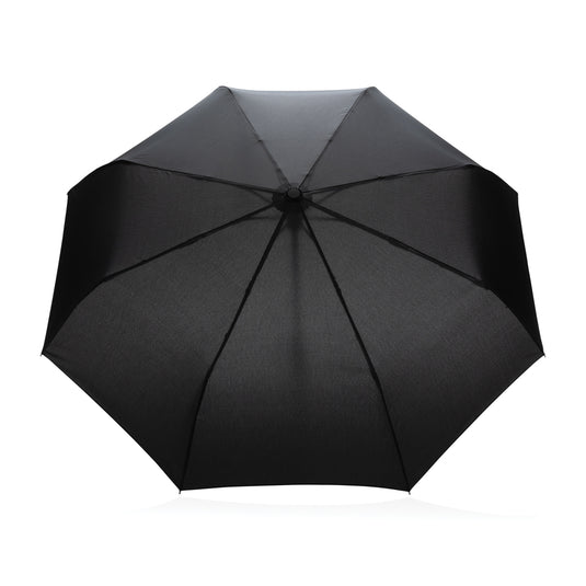 21-inch Impact AWARE™ RPET bamboo auto open/close umbrella by XD Collection, featuring green canopy and bamboo handle.