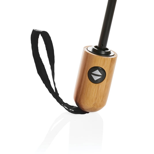 21-inch Impact AWARE™ RPET bamboo auto open/close umbrella by XD Collection, featuring eco-friendly bamboo handle and vibrant canopy.