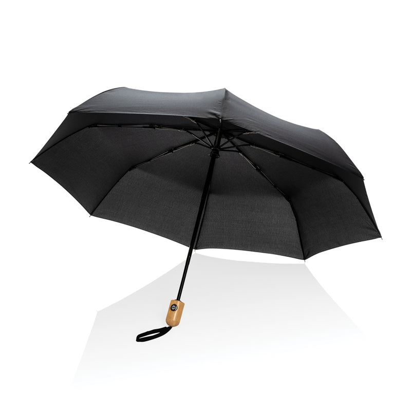 Load image into Gallery viewer, 21-inch Impact AWARE™ RPET bamboo auto-open umbrella by XD Collection, with green canopy and bamboo handle, outdoor protection.
