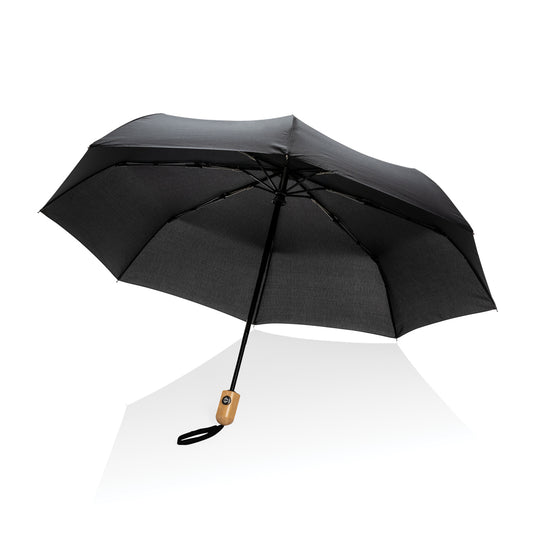 21-inch Impact AWARE™ RPET bamboo auto-open umbrella by XD Collection, with green canopy and bamboo handle, outdoor protection.