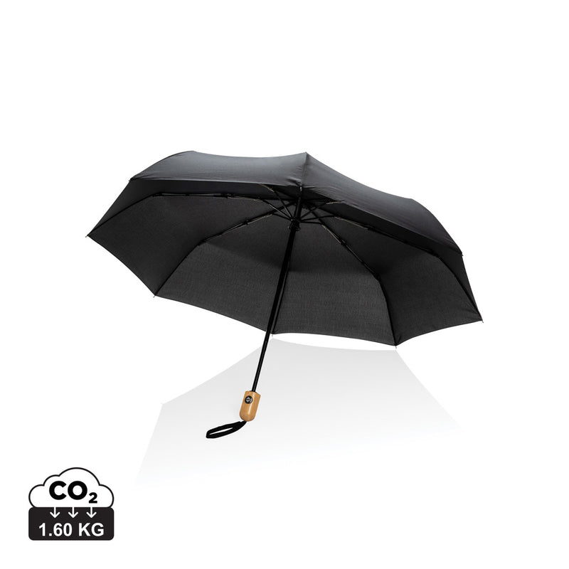 Load image into Gallery viewer, 21-inch Impact AWARE™ RPET bamboo auto open/close umbrella by XD Collection, featuring eco-friendly bamboo handle and durable fabric.
