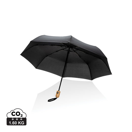 21-inch Impact AWARE™ RPET bamboo auto open/close umbrella by XD Collection, featuring eco-friendly bamboo handle and durable fabric.