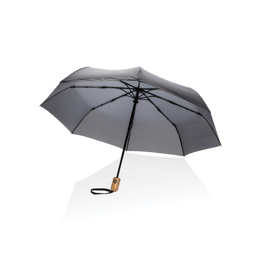 21-inch Impact AWARE™ RPET bamboo auto open/close umbrella by XD Collection, featuring a stylish bamboo handle and vibrant canopy.