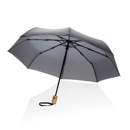 21-inch Impact AWARE™ RPET bamboo auto open/close umbrella by XD Collection, featuring a bamboo handle and durable 190T canopy.