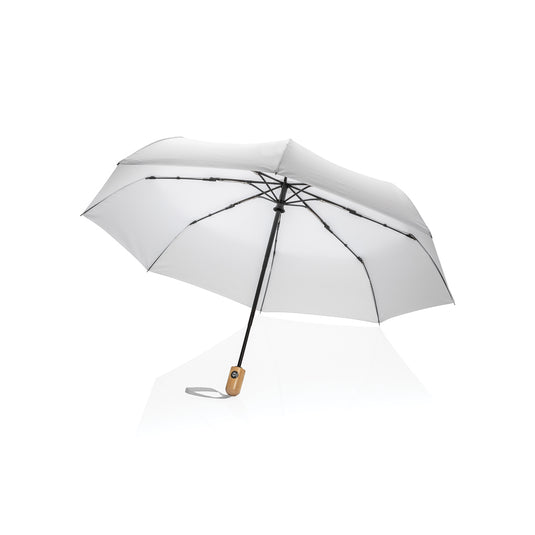 XD Collection 21-inch Impact AWARE™ RPET bamboo auto open/close umbrella with 190T canopy, eco-friendly and durable.