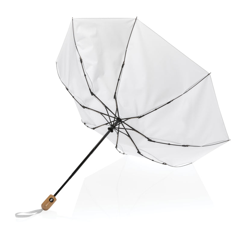 Load image into Gallery viewer, XD Collection 21-inch Impact AWARE™ RPET bamboo auto open/close umbrella with 190T polyester canopy, eco-friendly design, and bamboo handle.
