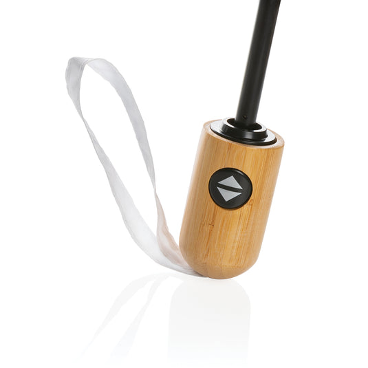 21-inch Impact AWARE™ RPET bamboo auto open/close umbrella by XD Collection, featuring a stylish bamboo handle and durable canopy.