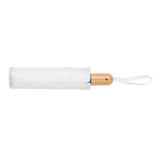 XD Collection 21-inch Impact AWARE™ RPET bamboo auto open/close umbrella with 190T fabric, eco-friendly design, and bamboo handle.