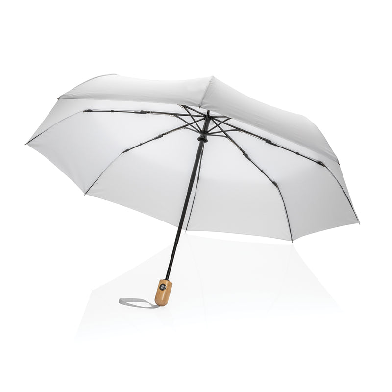 Load image into Gallery viewer, 21-inch Impact AWARE™ RPET bamboo auto open/close umbrella by XD Collection, featuring green canopy and bamboo handle.
