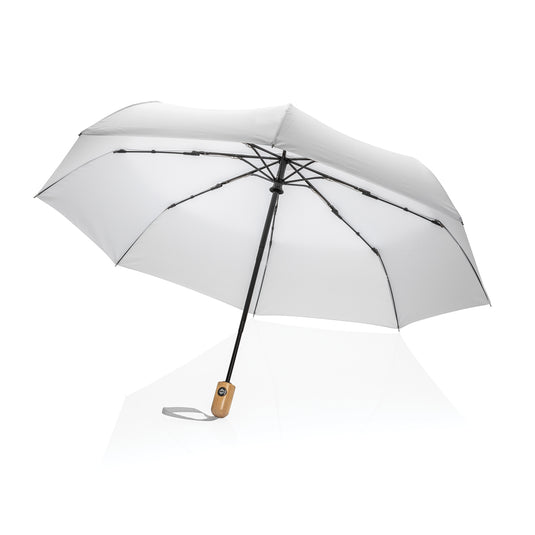 21-inch Impact AWARE™ RPET bamboo auto open/close umbrella by XD Collection, featuring green canopy and bamboo handle.