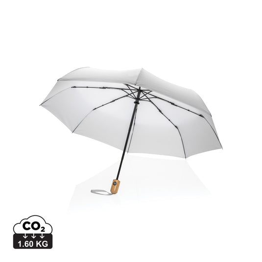 21-inch Impact AWARE™ RPET bamboo auto open/close umbrella by XD Collection, showcasing its eco-friendly design and bamboo handle