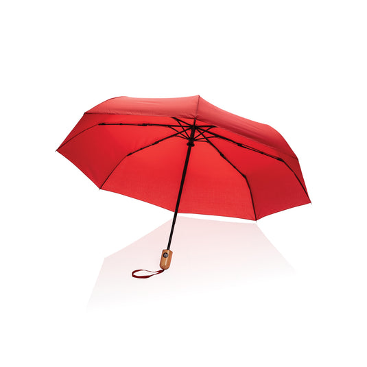 XD Collection 21-inch Impact AWARE™ RPET bamboo auto open/close umbrella open with bamboo handle and vibrant canopy.