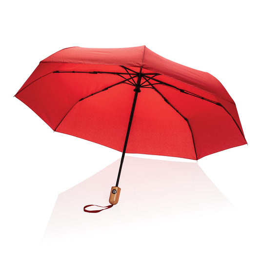 21-inch Impact AWARE™ RPET bamboo auto open/close umbrella by XD Collection, featuring eco-friendly bamboo handle and durable fabric.